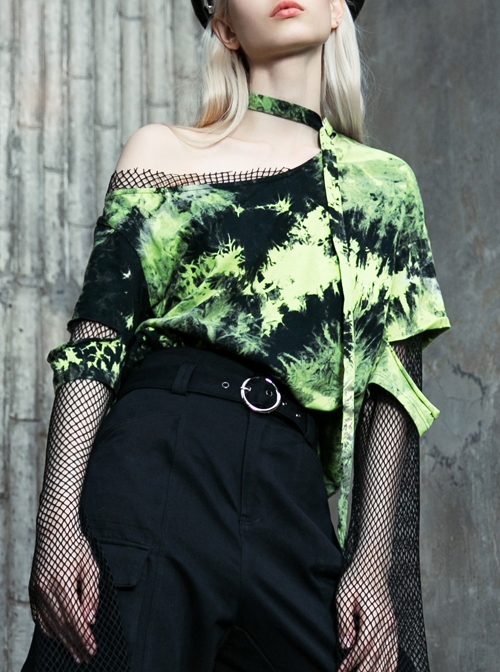 Black And Green Tie-Dye Fake Two Pieces Splice Mesh Long Sleeve One Side Off-Shoulder Punk T-Shirt