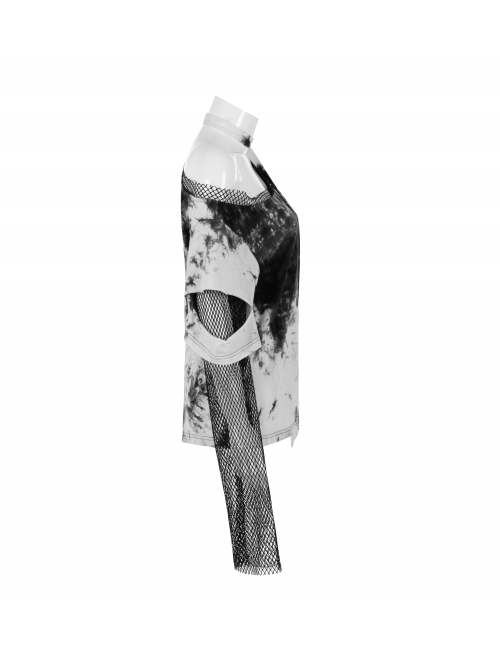 Black And White Tie-Dye Fake Two Pieces Splice Mesh Long Sleeve One Side Off-Shoulder Punk T-Shirt