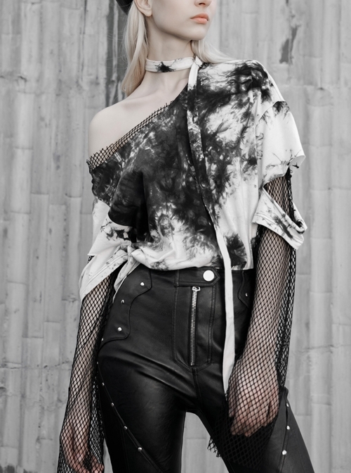 Black And White Tie-Dye Fake Two Pieces Splice Mesh Long Sleeve One Side Off-Shoulder Punk T-Shirt