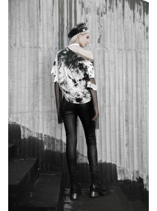 Black And White Tie-Dye Fake Two Pieces Splice Mesh Long Sleeve One Side Off-Shoulder Punk T-Shirt