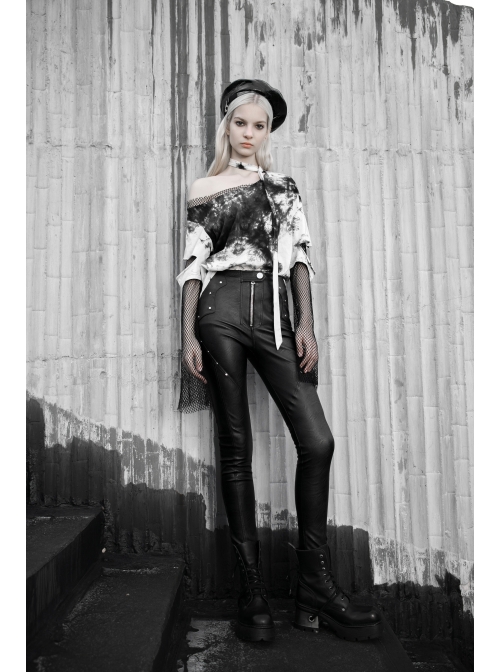 Black And White Tie-Dye Fake Two Pieces Splice Mesh Long Sleeve One Side Off-Shoulder Punk T-Shirt