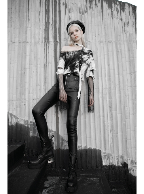 Black And White Tie-Dye Fake Two Pieces Splice Mesh Long Sleeve One Side Off-Shoulder Punk T-Shirt