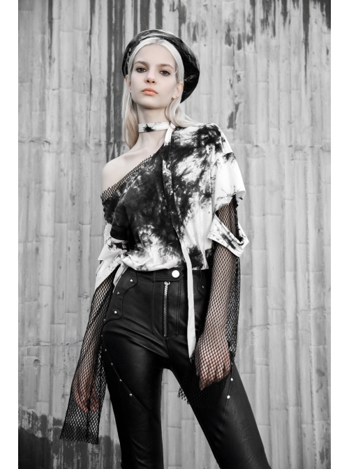 Black And White Tie-Dye Fake Two Pieces Splice Mesh Long Sleeve One Side Off-Shoulder Punk T-Shirt