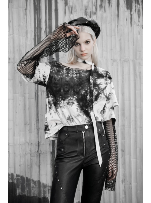 Black And White Tie-Dye Fake Two Pieces Splice Mesh Long Sleeve One Side Off-Shoulder Punk T-Shirt