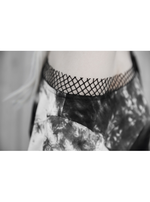 Black And White Tie-Dye Fake Two Pieces Splice Mesh Long Sleeve One Side Off-Shoulder Punk T-Shirt