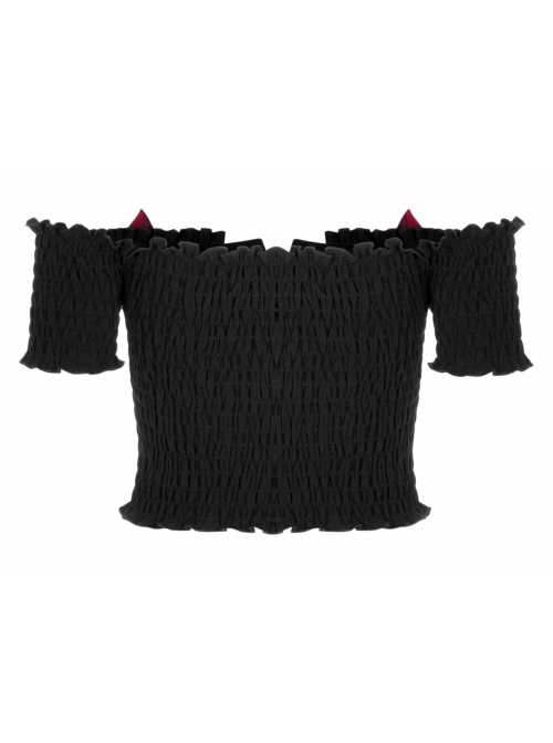 Off-Shoulder Red Cat Ear Decoration Chest Lace-Up Frill Hem Black Gothic Crop Blouse