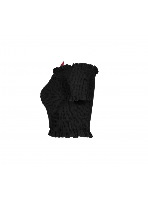Off-Shoulder Red Cat Ear Decoration Chest Lace-Up Frill Hem Black Gothic Crop Blouse