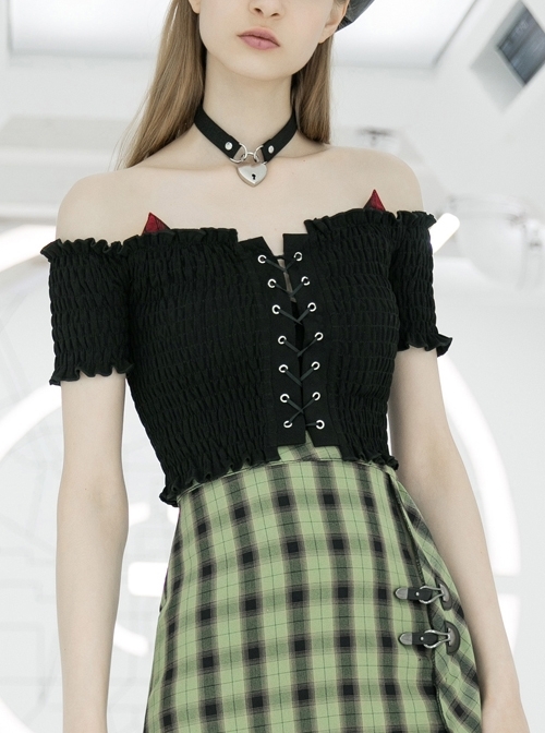 Off-Shoulder Red Cat Ear Decoration Chest Lace-Up Frill Hem Black Gothic Crop Blouse