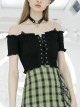 Off-Shoulder Red Cat Ear Decoration Chest Lace-Up Frill Hem Black Gothic Crop Blouse