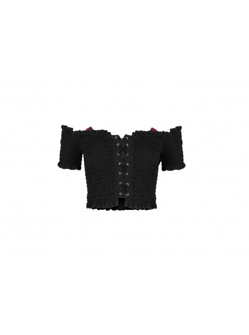 Off-Shoulder Red Cat Ear Decoration Chest Lace-Up Frill Hem Black Gothic Crop Blouse