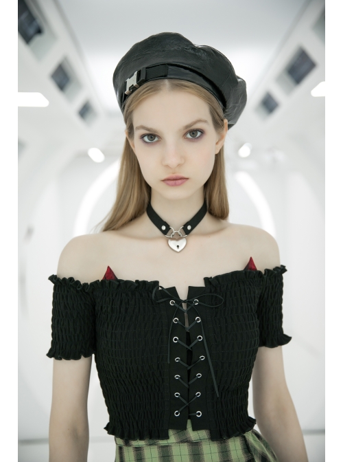 Off-Shoulder Red Cat Ear Decoration Chest Lace-Up Frill Hem Black Gothic Crop Blouse