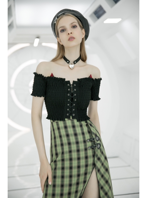 Off-Shoulder Red Cat Ear Decoration Chest Lace-Up Frill Hem Black Gothic Crop Blouse