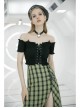 Off-Shoulder Red Cat Ear Decoration Chest Lace-Up Frill Hem Black Gothic Crop Blouse