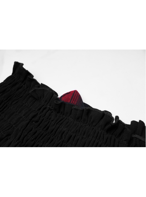 Off-Shoulder Red Cat Ear Decoration Chest Lace-Up Frill Hem Black Gothic Crop Blouse