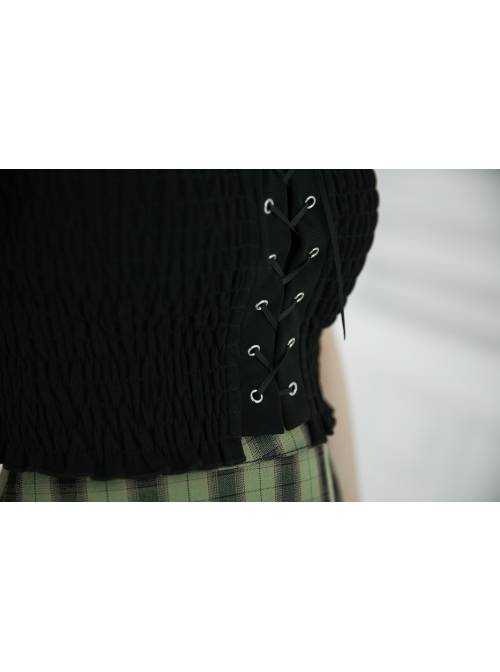 Off-Shoulder Red Cat Ear Decoration Chest Lace-Up Frill Hem Black Gothic Crop Blouse