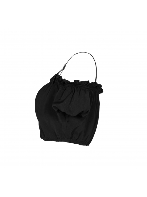 Off-Shoulder Chest Frill Short Bubble Sleeve Hasp Strap Black Crop Punk Top