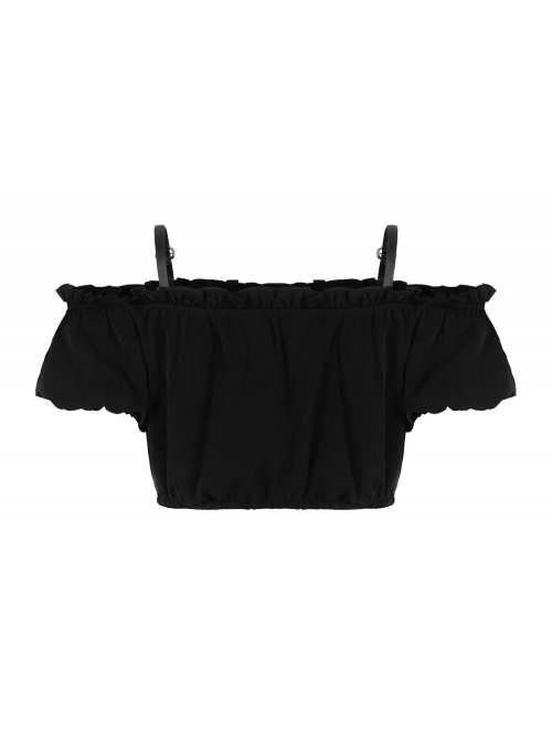 Off-Shoulder Chest Frill Short Bubble Sleeve Hasp Strap Black Crop Punk Top
