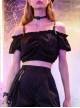 Off-Shoulder Chest Frill Short Bubble Sleeve Hasp Strap Black Crop Punk Top