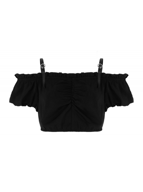 Off-Shoulder Chest Frill Short Bubble Sleeve Hasp Strap Black Crop Punk Top