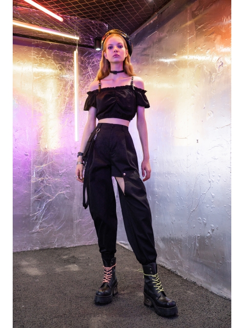 Off-Shoulder Chest Frill Short Bubble Sleeve Hasp Strap Black Crop Punk Top