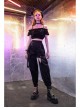 Off-Shoulder Chest Frill Short Bubble Sleeve Hasp Strap Black Crop Punk Top