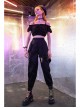 Off-Shoulder Chest Frill Short Bubble Sleeve Hasp Strap Black Crop Punk Top