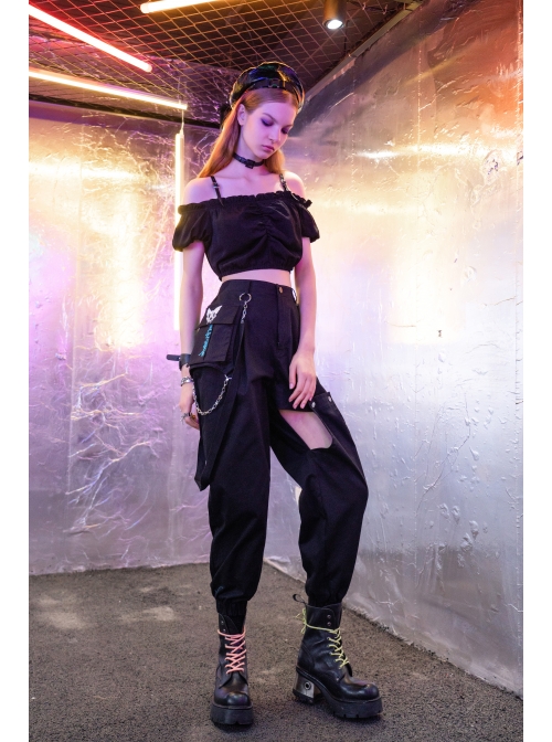 Off-Shoulder Chest Frill Short Bubble Sleeve Hasp Strap Black Crop Punk Top
