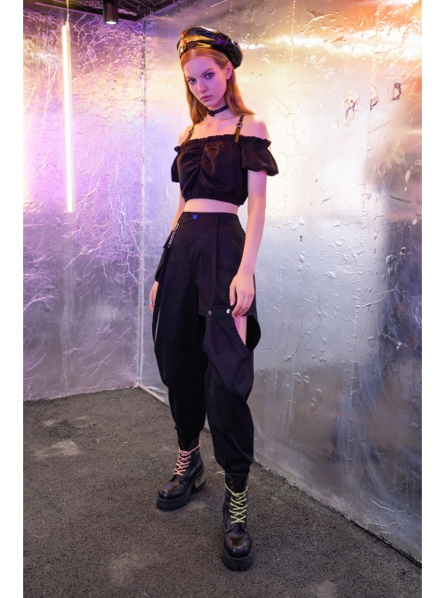 Off-Shoulder Chest Frill Short Bubble Sleeve Hasp Strap Black Crop Punk Top