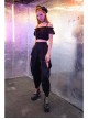 Off-Shoulder Chest Frill Short Bubble Sleeve Hasp Strap Black Crop Punk Top