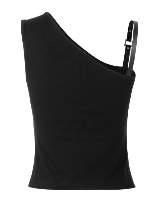 Asymmetric One Side Off-Shoulder Hasp Strap Other Side Hollow Black Punk Tight Camisole