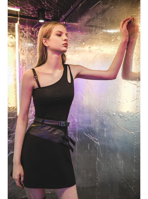 Asymmetric One Side Off-Shoulder Hasp Strap Other Side Hollow Black Punk Tight Camisole