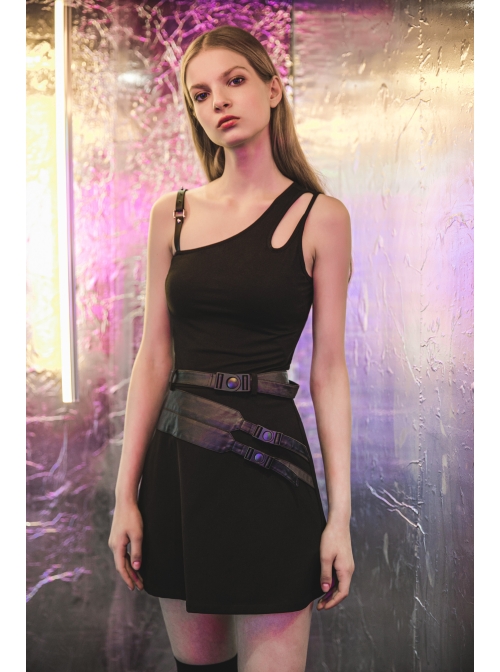 Asymmetric One Side Off-Shoulder Hasp Strap Other Side Hollow Black Punk Tight Camisole