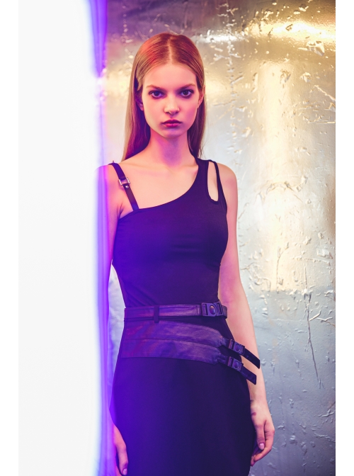 Asymmetric One Side Off-Shoulder Hasp Strap Other Side Hollow Black Punk Tight Camisole