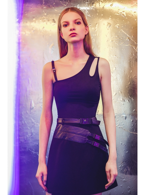 Asymmetric One Side Off-Shoulder Hasp Strap Other Side Hollow Black Punk Tight Camisole