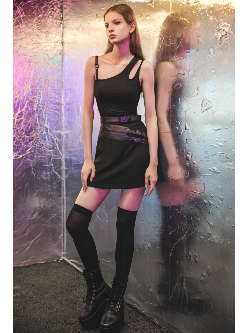 Asymmetric One Side Off-Shoulder Hasp Strap Other Side Hollow Black Punk Tight Camisole