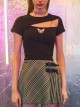 Chest Hollow-Out Chain Cat Embroidery Short Sleeve Black Punk T-Shirt