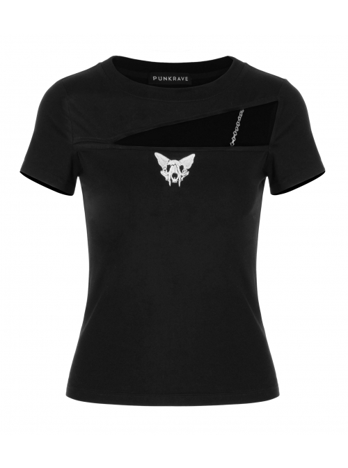 Chest Hollow-Out Chain Cat Embroidery Short Sleeve Black Punk T-Shirt