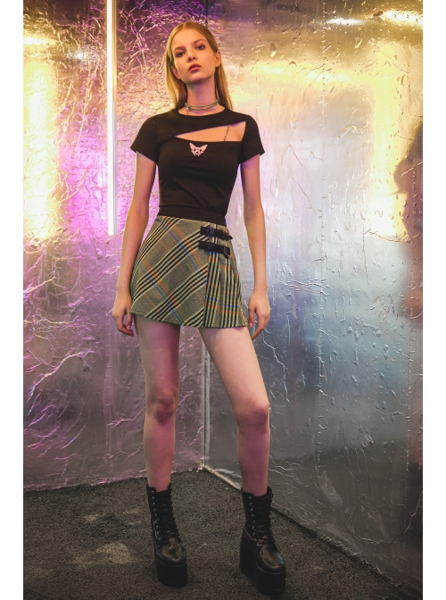 Chest Hollow-Out Chain Cat Embroidery Short Sleeve Black Punk T-Shirt