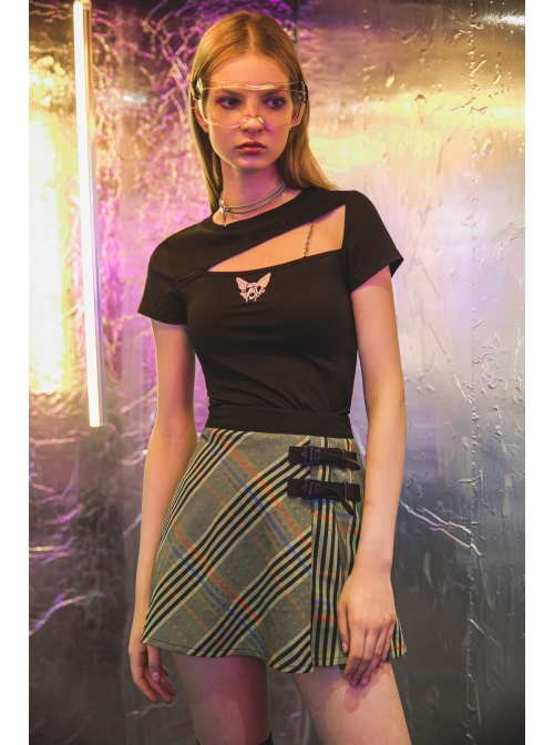 Chest Hollow-Out Chain Cat Embroidery Short Sleeve Black Punk T-Shirt