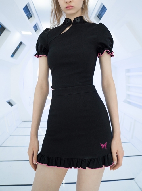 Stretch Collar Leather Love Tags Contrast Wave Cuff Black Crop Punk Modified Cheongsam Top