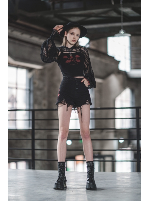 Bramble Rose Lace Love Pendant Red Line Cuff Black Punk Short Hooded Top