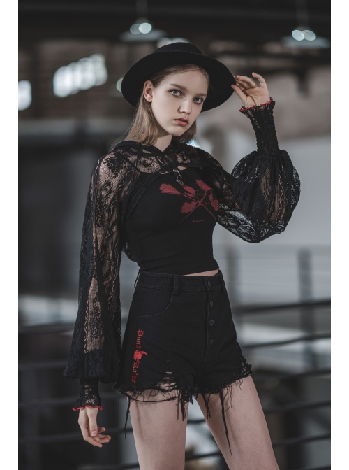 Bramble Rose Lace Love Pendant Red Line Cuff Black Punk Short Hooded Top