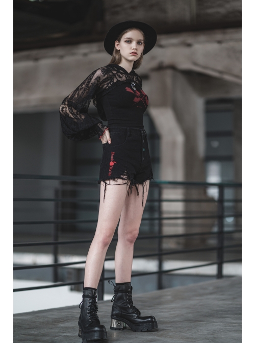 Bramble Rose Lace Love Pendant Red Line Cuff Black Punk Short Hooded Top