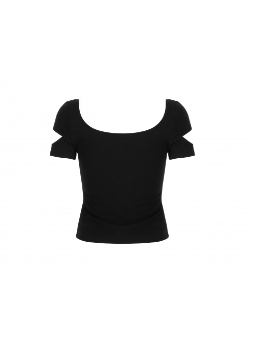 Inverted Rose Print U-Shaped Collar Hollow-Out Short Sleeve Black Punk Tight T-Shirt