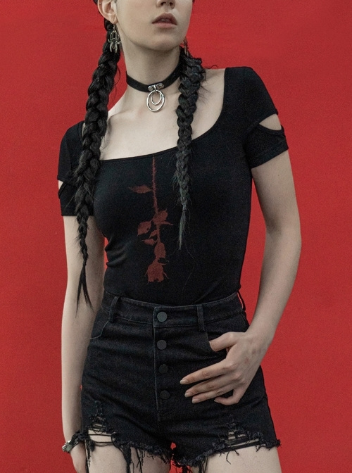 Inverted Rose Print U-Shaped Collar Hollow-Out Short Sleeve Black Punk Tight T-Shirt