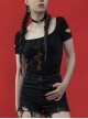 Inverted Rose Print U-Shaped Collar Hollow-Out Short Sleeve Black Punk Tight T-Shirt