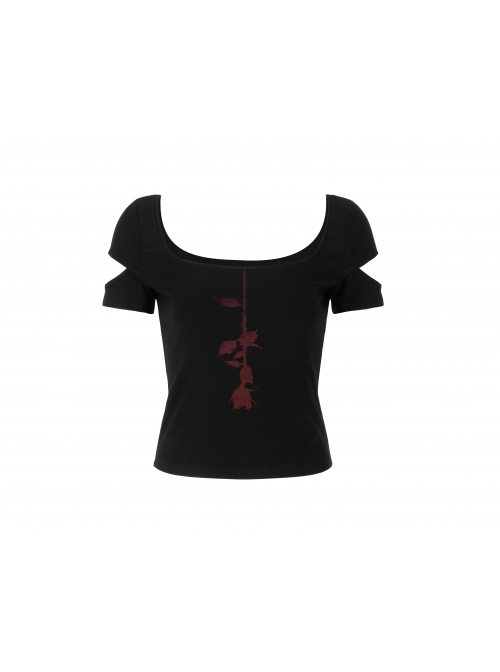 Inverted Rose Print U-Shaped Collar Hollow-Out Short Sleeve Black Punk Tight T-Shirt