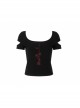 Inverted Rose Print U-Shaped Collar Hollow-Out Short Sleeve Black Punk Tight T-Shirt