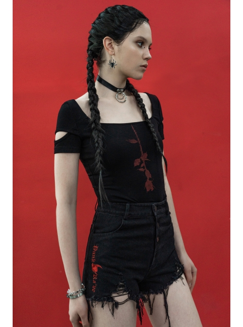 Inverted Rose Print U-Shaped Collar Hollow-Out Short Sleeve Black Punk Tight T-Shirt