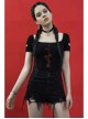Inverted Rose Print U-Shaped Collar Hollow-Out Short Sleeve Black Punk Tight T-Shirt